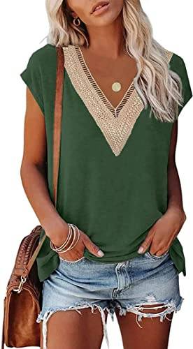 OLIPHEE Maglietta con Scollo a V e Maniche Corte con Bordi in Pizzo T-Shirt Estivo per Ragazze e Donna S Verde