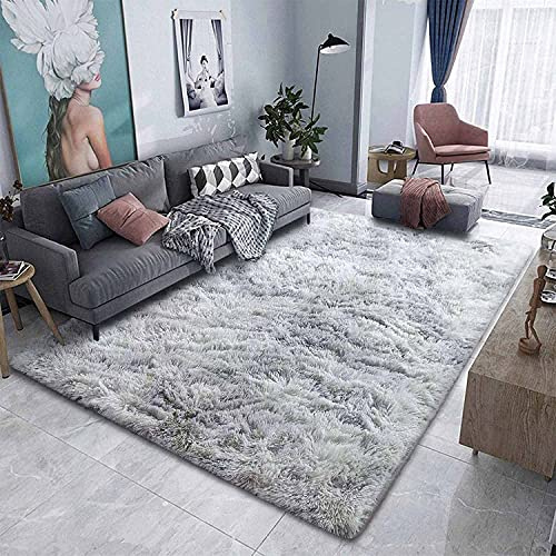 ASIinnsy Hochflor Teppich Wohnzimmer Flauschig Shaggy Weich Modern Grau Teppich Schlafzimmer Kinderzimmer Deko Langflor Teppiche Groß rutschfest Plüsch-Teppiche (Grau Weiß, 200 x 300 cm)