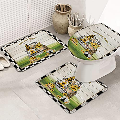 3 Teiliges Badteppich Set Buffalo Plaid Border Gnomes Couple Sweet Farm Home Spring Sunflower Retro Grain Wasserabsorbierend Kontur Badteppich Dekorative Toilettendeckel Duschmatte