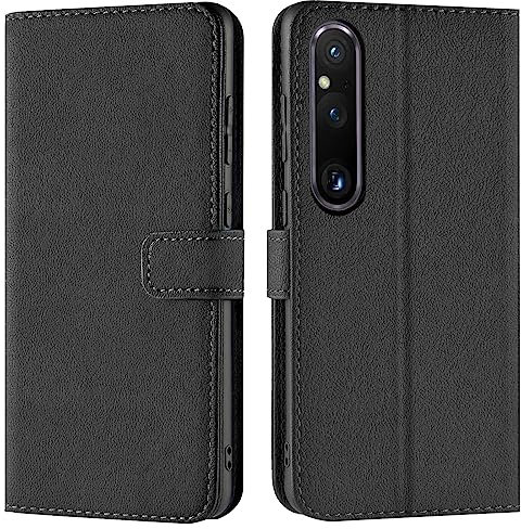 Verco Handyhülle für Sony Xperia 1 V Hülle, Bookcase Tasche Flipcover für Xperia 1 V 2023 Case [Kartenfächer/Aufstellfunktion], Schwarz