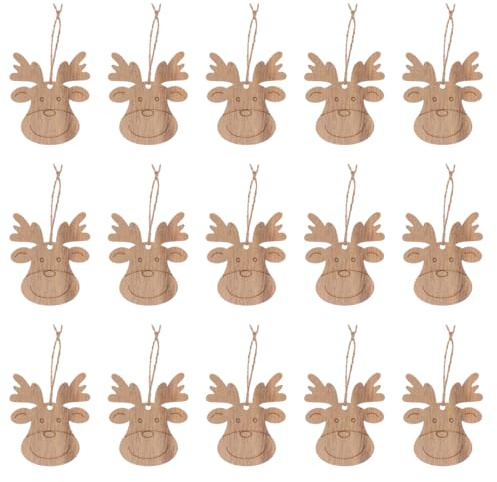 MAGICLULU 20 Stück unlackierte Rentierkopf-Ausschnitte, hängende Holzstücke für Weihnachtsbaum, Urlaub, DIY, Handwerk, Geschenkanhänger.
