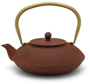 Bredemeijer rote flache Asia Teekanne 1.1 Liter Gusseisen - Asia Gusskanne mit Tee-Filter-Sieb aus Edelstahl