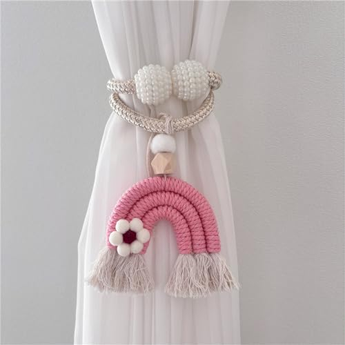 Herfair 2 Stück Vorhang Raffhalte Regenbogen Quasten Gardinenclips Raffhalter Seil, Boho Vorhanghalter, Gardinen Haken Ringe Bär für Kinderzimmer Dekoration (Rosa Blume)