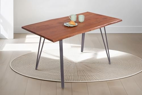 SAM Baumkantentisch 120x80 cm Celia, Akazienholz nussbaumfarben + massiv, echte Baumkante, Esstisch aus Massivholz, Esszimmertisch mit Metallgestell Silber