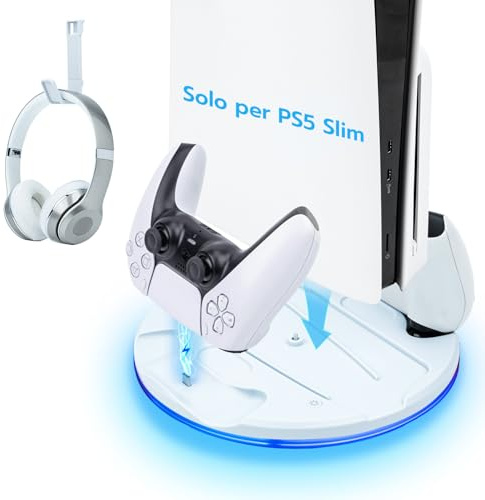 Tolesum Vertikale Standfuß nur für PS5 Slim, LED Base Station für PS5 Dual Controller Ladestation Dock mit Headset Halterung für PS5 Slim Disc and Digital Editions -Nicht für PS5/PS5 Pro