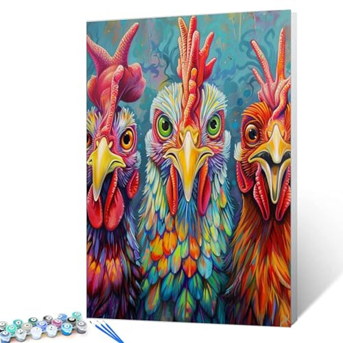 Three Brightly Colored Chickens with Very Large Eyes Paint by Number for Adults Beginner Rustic Chickens DIY Digital Drawing Funny Farm Animals Picture for Home Wall Decor Gift 16x20 inch (Frameless)