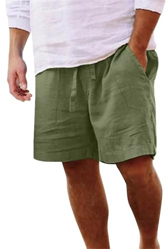 Yageshark Pantaloncini estivi da uomo in lino leggeri e ariosi tinta unita vestibilità ampia per il tempo libero pantaloni corti, verde, L