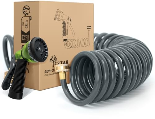 YESTAR 25FT EVA Coil Garden Hose with 3/4'' Brass Connector, 7 Spray Patterns, Gray, 1 Pack