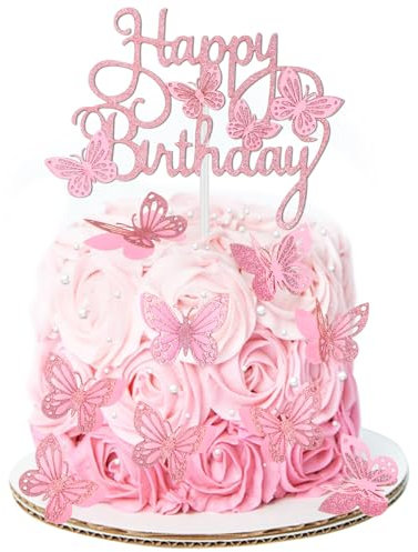 13 pcs Happy Birthday Cake Topper Pink Butterfly Birthday Cake Toppers Beautiful Glitter Butterfly Party Supplies Cupcake Toppers Suitable for Celebrations