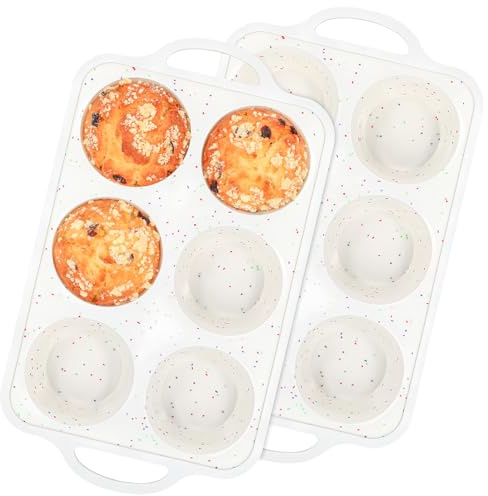 Fimary Silicone Jumbo Muffin Pan with Metal Frame, Non Stick Food Grade Silicone Large Muffin Pan Set of 2, with Handles 6 Cup,BPA-Free and Dishwasher Safe, Jumbo Cupcake Pans