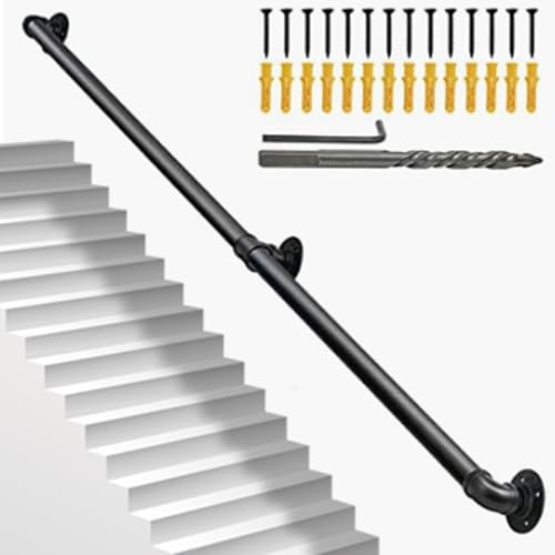 Barandilla para escalera interior, pasamanos, escalera, 200 cm, pasamanos vintage de hierro forjado, montaje en pared, pasamanos de escalera con 3 bridas, para todo tipo de superficies de pared, color