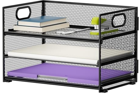 Marbrasse Organizador de Escritorio,3 Tire Carta Organizador de Papel con Asa,Bandeja Organizadora de Escritorio de Malla para A4 Archivo,Artículos de Oficina Casa(Negro)
