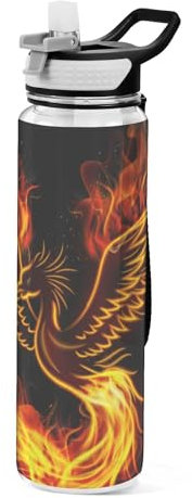 Mnsruu Transparente Sport-Wasserflasche mit Strohhalm, auslaufsichere Trinkflasche, feuerbrennender Phönix-Vogel, schwarz, Fahrradflaschen für Sport, Büro, Schule, BPA-freier Tritan-Kunststoff, 1