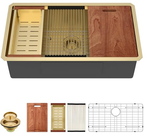 Lordear Gold Undermount Kitchen Sink 33 x 19 Stainless Steel Sinks 16 Gauge Single Bowl Ledge Workstation Handmade Under Counter Kitchen Sink Basin with Built-In Accessories