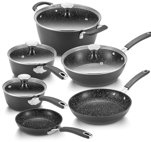 Induktionshäll Pan Set 10-Delade Grytor Och Kastruller Set Non Stick Induktionskokkärl Set Med Anti Scald Silikon Handtag Lock, Svart, 10 St,Black-10 pc