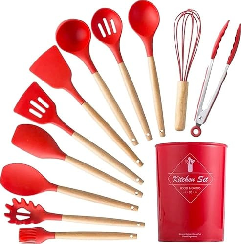 BrixStation Lot de 12 ustensiles de cuisine en silicone antiadhésifs avec poignée en bois, résistant à la chaleur pour ustensiles de cuisine antiadhésifs (rouge)