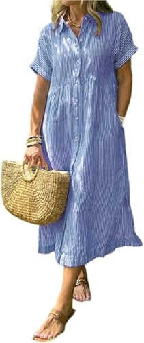 Vestido camisero a rayas con solapa y botones y bolsillos funcionales, vestido largo casual de verano