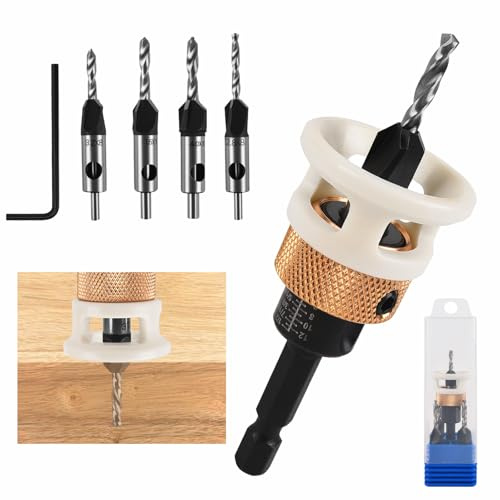 Countersink Drill Bit Set, 6PCS Countersink Drill Bit with Depth Stop, Woodworking Countersink Bits with 1/4 Hex Shank for Precise Drilling, HSS-M2, for Woodworking