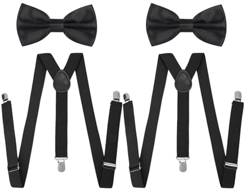 ZexJpr Hosenträger für Herren mit Fliege, 4-teiliges Set, Verstellbare Länge, Schwarze Fliege und Hosenträger, Ideal für Hochzeiten und Feste