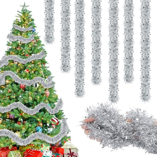 8Pcs Christmas Tinsel Garland with Star, 16M/52.49Ft Silver Xmas Shiny Tinsel Decoration, Xmas Metallic Hanging Decoration for Party Supplies Indoor Outdoor Christmas Tree Decoration