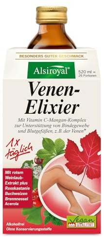 Alsiroyal Elixir veineux – 22 % de jus d'agave – Extrait de feuilles de vigne rouge, vitamine C, manganèse et magnésium – Soutient les veines saines, le tissu conjonctif et la circulation sanguine
