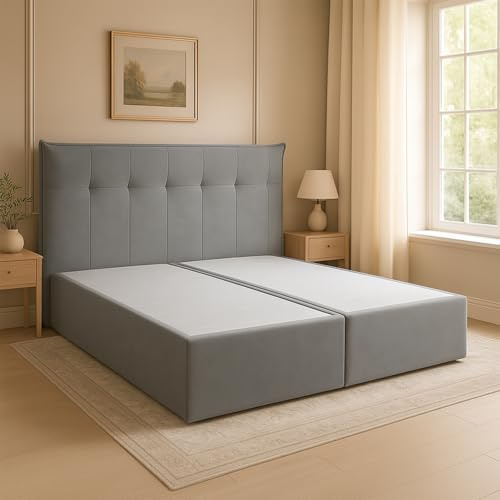 payé Boxspringbett 180x200 cm - Grau mit hohem Kopfteil, 6 Ziernähte, Anti-Rutsch Bezug, bodennah, ohne Matratze