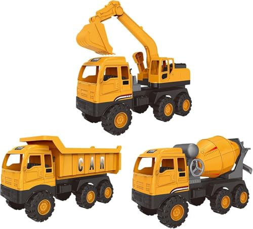 Baustellenfahrzeuge ab 3 Jahr,3 Stück Construction Set mit Bagger Kipplaster Mischer/Bulldozer für Kinder,Baggerfahrzeug Geeignet als Sandspielzeug,Sandkasten Kinderbagger für 2+ Jahre,Gelb (02)