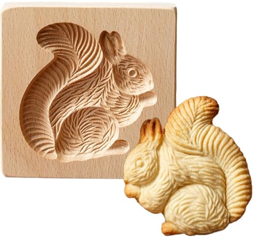 Squirrel Wooden Cookie Mold,3D Carved Wooden Biscuit Mould for Baking | Reusable Beechwood Cookie Cutter Stamp for Gingerbread, Shortbread & Holiday DIY Kitchen Decorations