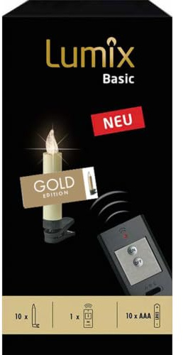 Lumix® Basic kabellose LED Christbaumkerzen von Krinner Weihnachtsbaumkerzen Tannebaumbeleuchtung warmweiß 10er-Set inkl. ON/OFF Fernbedienung (Gold)