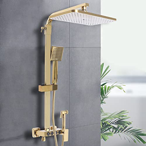 Duscharmatur-Set, Stab Duschkopf und Kopfbrause Gold Gebürstet Bad Duschsystem Wandmontage Duscharmatur Set, 2 Funktionen Grobventil und Duschverkleidung Kit mit Handbrause, 31.5x22cm Verstellbarem