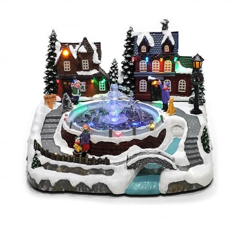 EMPOTEC Scena Natalizia Villaggio Paesaggio Innevato con Fontana con Acqua Vera Movimento Animazione Luci e Suoni Ambientazione Decorazione Idee Regalo Natale Alta Qualità 27x23x19cm