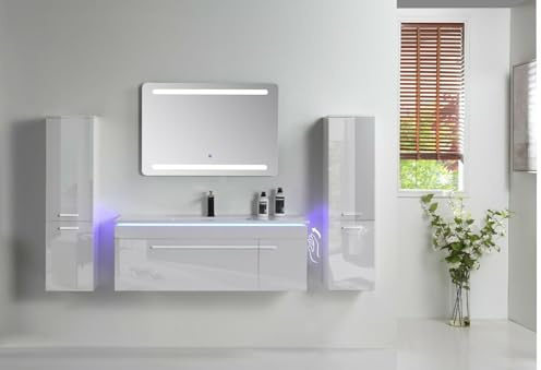 Faizee Möbel Badmöbel Set 90cm Weiß (Eckiger Spiegel, 1 Seitenschrank Links)