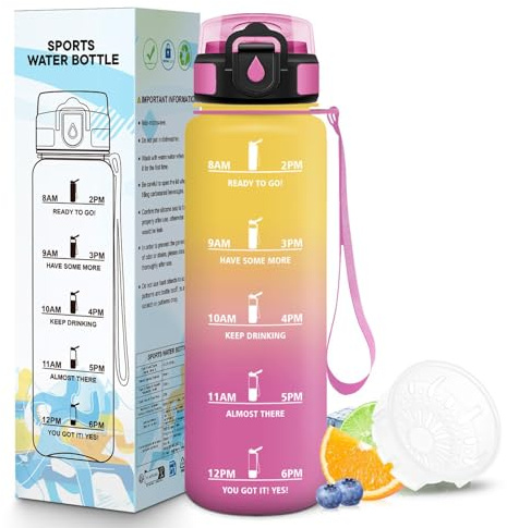 Mulbijeo Gourde 1L, Portable, Bouteille, Slogans de Motivation Marqueur Horaire, Gourde Sport, Étanche & Réutilisable, Bouteille D'eau pour Salle de Sport, Fête, Bureau, Extérieur, Camping