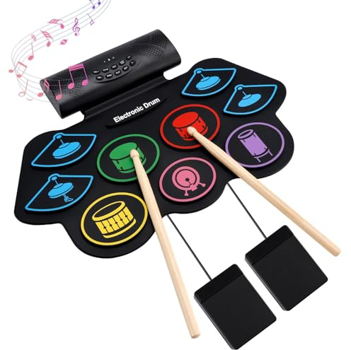 Topteng 9-Pad Schlagzeug Elektronisch, Handroll E-Drum Set mit Stereo-Lautsprechern & Fußpedalen, Tragbares Silikon Drum Pad Kit mit Kopfhöreranschluss, Musikinstrument Geschenk für Kinder & Anfänger