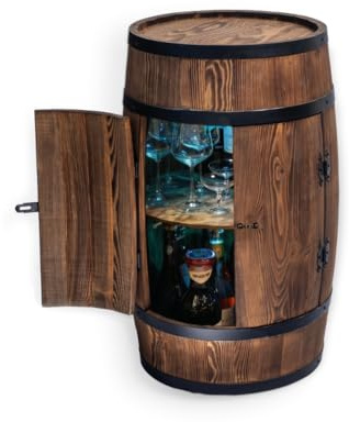 CREATIVE COOPER Fassbar Stehtisch mit Tür und LED RGB - Alkoholschrank Flaschenregal Holz - Holzfass - Fassmöbel - Wineregal - Whiskybar- Weinfass mit Tür - 80 cm (Sonnenverbranntes wenge)
