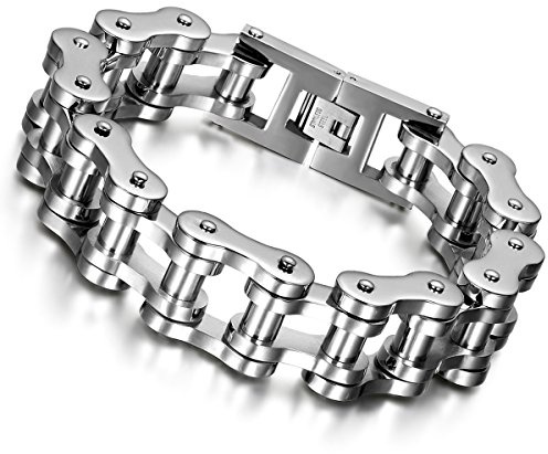 Cupimatch Mens Heavy Gothic 18MM Wide Biker Silver Tone Stainless Steel Motorcycle Chain Bracelet 9.1 (Silver) for Fathers Day