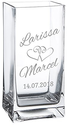 Casa Vivente Blumenvase aus Glas mit Gravur, Motiv Herzen, Personalisiert mit Namen und Datum, Dekoration, Hochzeitsgeschenk für Brautpaar