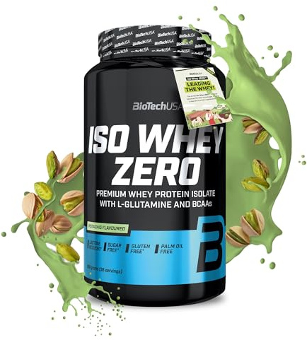 BioTechUSA Iso Whey Zero | Aislado de suero de leche | con BCAA y glutamina | Alto contenido en proteínas | Alimentado con pasto | Bajo en lactosa, sin azúcares, sin gluten | 908 g, Pistacho
