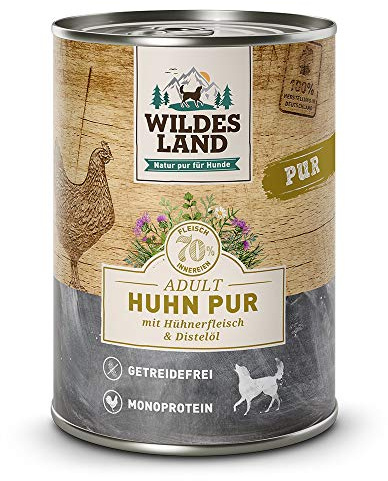 WILDES LAND – Huhn | Nassfutter mit extra hohem Fleischanteil und natürlichen Zutaten für ausgewachsene Hunde. Getreidefreies Alleinfutter ohne Zusatzstoffe in der Dose | 12x400g Huhn
