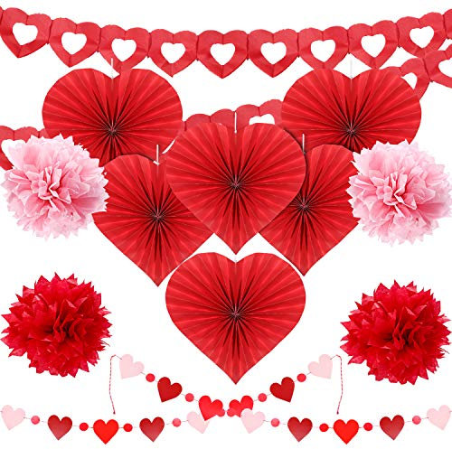 Valentine's Day Heart Paper Craft Kit Party Decorations Heart Fans Banner Paper Honeycomb Balls Poms for Wedding Valentine Anniversary Party Supplies