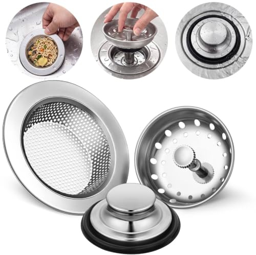 Mudder Lot de 3 filtres universels Anti-encrassement d'évier de Cuisine en Acier Inoxydable – Bouchon à Bord Large, Filtre à Panier pour vidange d'évier (argenté)