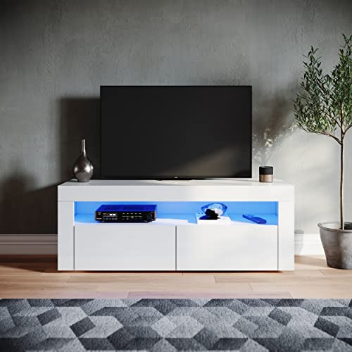 SONNI TV Board mit LED (16 Farben), 2 Türen, Hochglanz Weiß, 120x40x45cm | TV-Schrank für Fernseher bis zu 50 Zoll, Lowboard mit Großer Stauraum, TV-Regal für Wohnzimmer, Esszimmer, Schlafzimmer