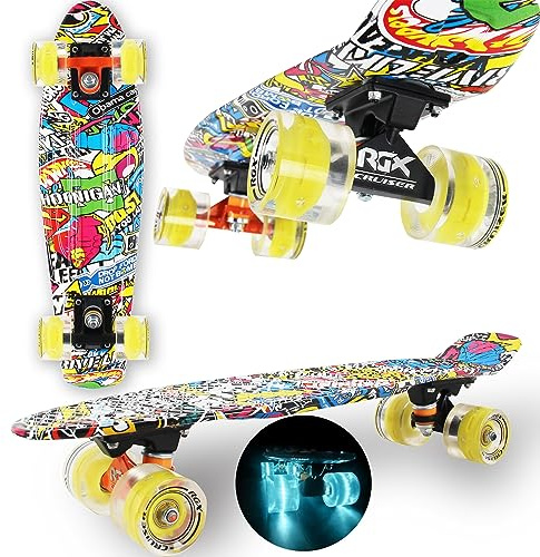 WeLLIFE Skateboard Mini Cruiser Série RGX Skate 22 56cm pour enfants garçons adultes, Skateboard avec roues lumineuses PU 78A Cruiser avec lumières multicolores Flash LED Roulements ABEC-7