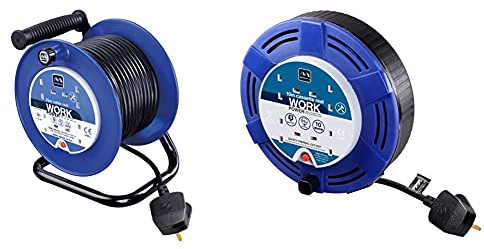 Masterplug LDCC2513/4BL-MP Four Socket Medium Open Cable Reel Extension Lead with Handle, 25 Metres, Blue & MCT1010/4BL-MP Four Socket Cassette Reel Extension Lead, 10 Metres, Blue