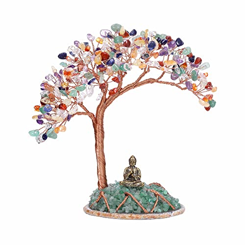JSDDE Feng Shui Baum Lebensbaum Deko Buddha Figur Geldbaum mit Achat Basis Heilstein Glücksbringer Baum Trommelsteine Glückbaum Dekoration für Hause Wohnung Büro Zimmer (Chakra)