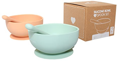 Juego de 2 cuencos de silicona con ventosa y cuchara a juego, color verde claro y melocotón, sin BPA, apto para lavavajillas, microondas y congelador
