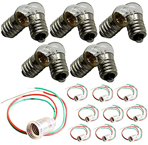 10x E10 6V / 12V LAMPENFASSUNG + Glühlampe/LED Lampe Fassung Kabel Sockel (6V - Fassung mit Kabel, Glühbirne - warmweiß)