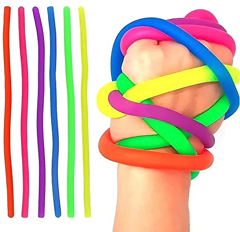 6 Pcs Elastic Fidget Noodles, Stretchy Finger Stress Relief Toys, 25cm (9.8cm), Vibrant String Toy for Kids and Adults, DIY Hand-Knit Rope Anti Stress, ADHD, Autism Sensory Toy (6 Multicoloured Bands)
