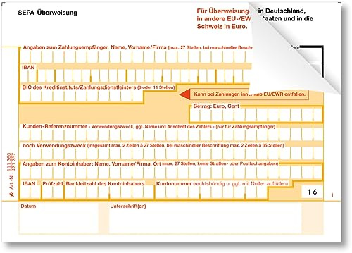 Litfax SEPA Überweisungsträger, 100 Stück - DIN A6, 2-fach mit Durchschlag, Leicht zu trennen, selbstdurchschreibend - Bankneutral für Überweisungen in Deutschland