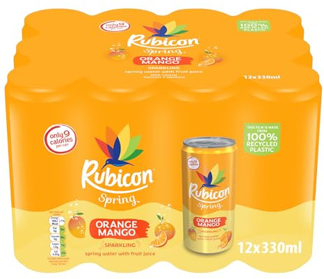 Rubicon Spring 12 Pack Orange Mango, Sparkling Spring Water with Real Fruit Juice & Natural Flavours, Only 9 Calories - 12 x 330ml Multipack Cans